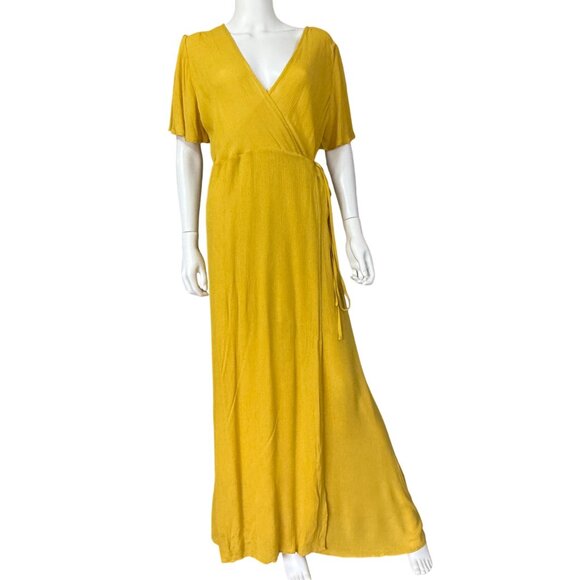 Lulus Women’s Wrap Maxi Dress XL Yellow Short Sleeve Lightweight Rayon - Picture 1 of 5